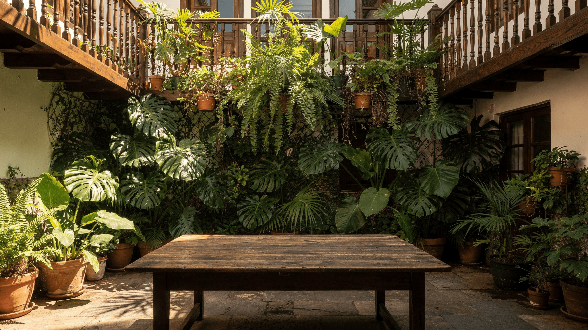 Mesa de madera vacía en un patio canario con helechos y monsteras